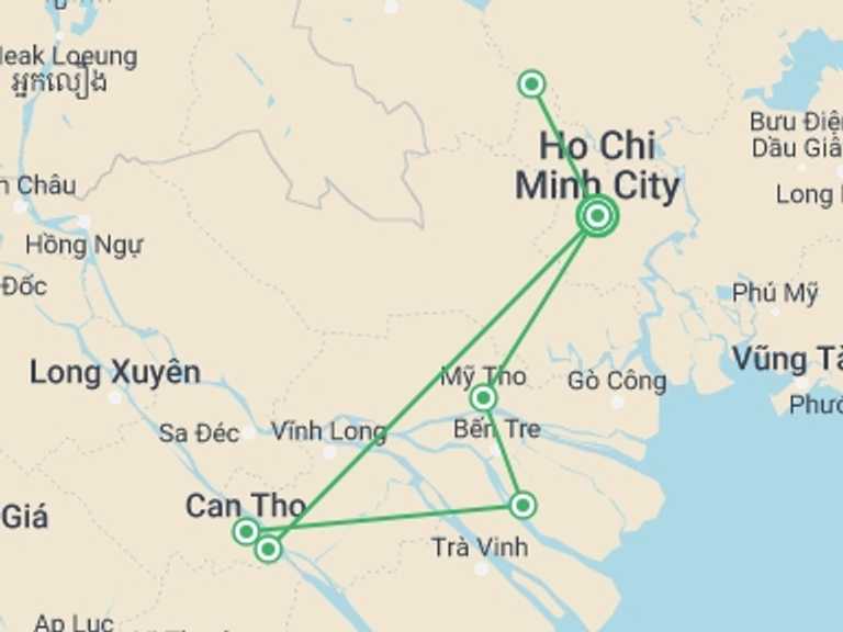 Map of a River cruise Tour with 3 destination visits for the trip: Saigon & Mekong Delta Five-Day Group Package