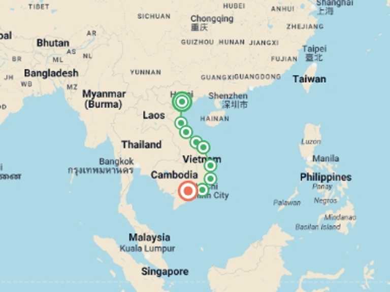 Map itinerary of Hanoi Tour in July 2027 with 9 destination visits for the trip: Vietnam: Roadtrip Hanoi to Ho Chi Minh City