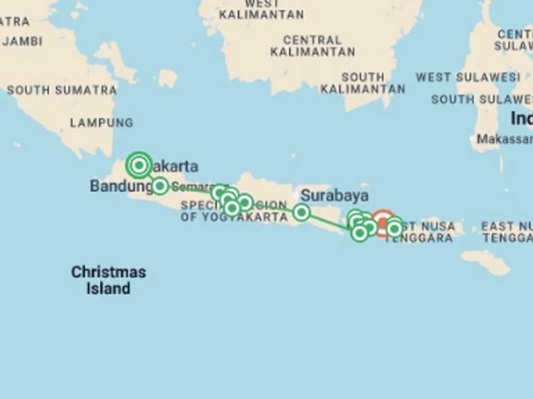 Map itinerary of Indonesia Tour in Summer with 18 destination visits for the trip: Indonesia: Jakarta, Bali & Lombok