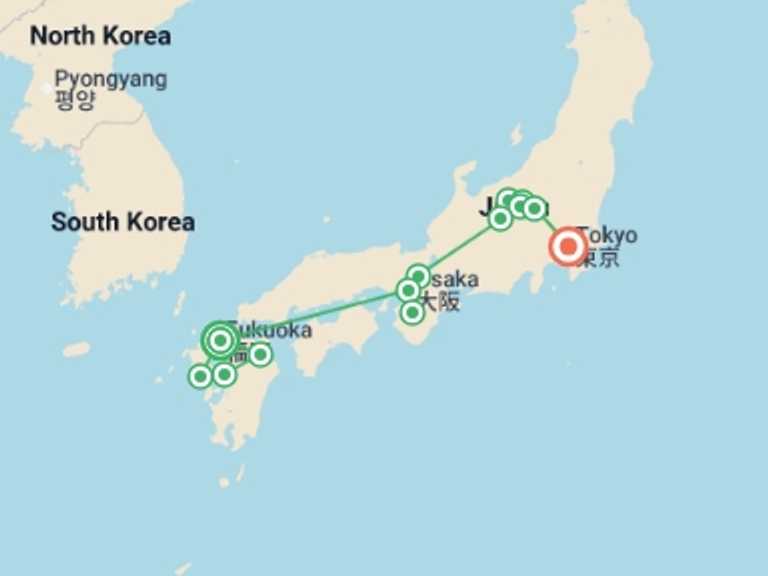 Map of East Asia Tour with 7 destination visits for the trip: Kyushu, Mount Koya, the Japanese Alps and Tokyo
