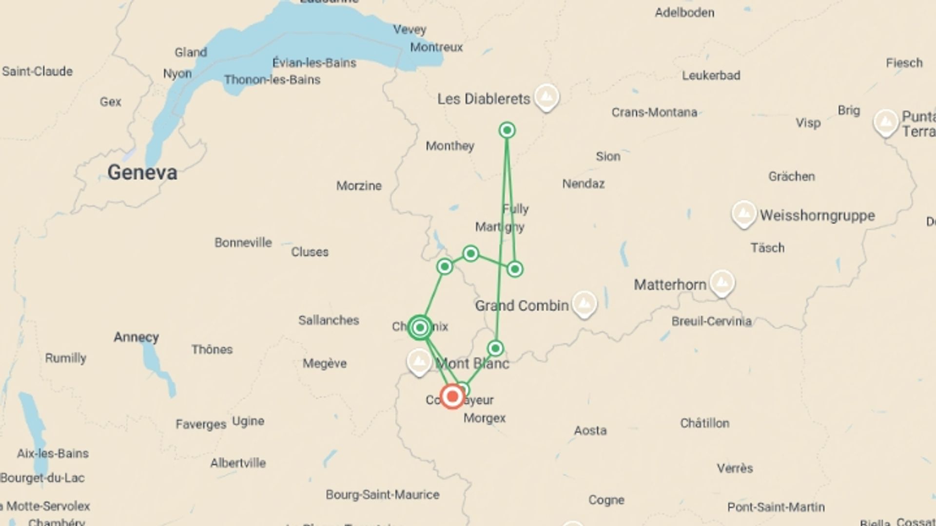 A map showing the tour itinerary for the trip: Mont Blanc Rambler Guided Hike, starting in Chamonix, France and ending in Courmayeur, Italy going through 6 other destinations.
