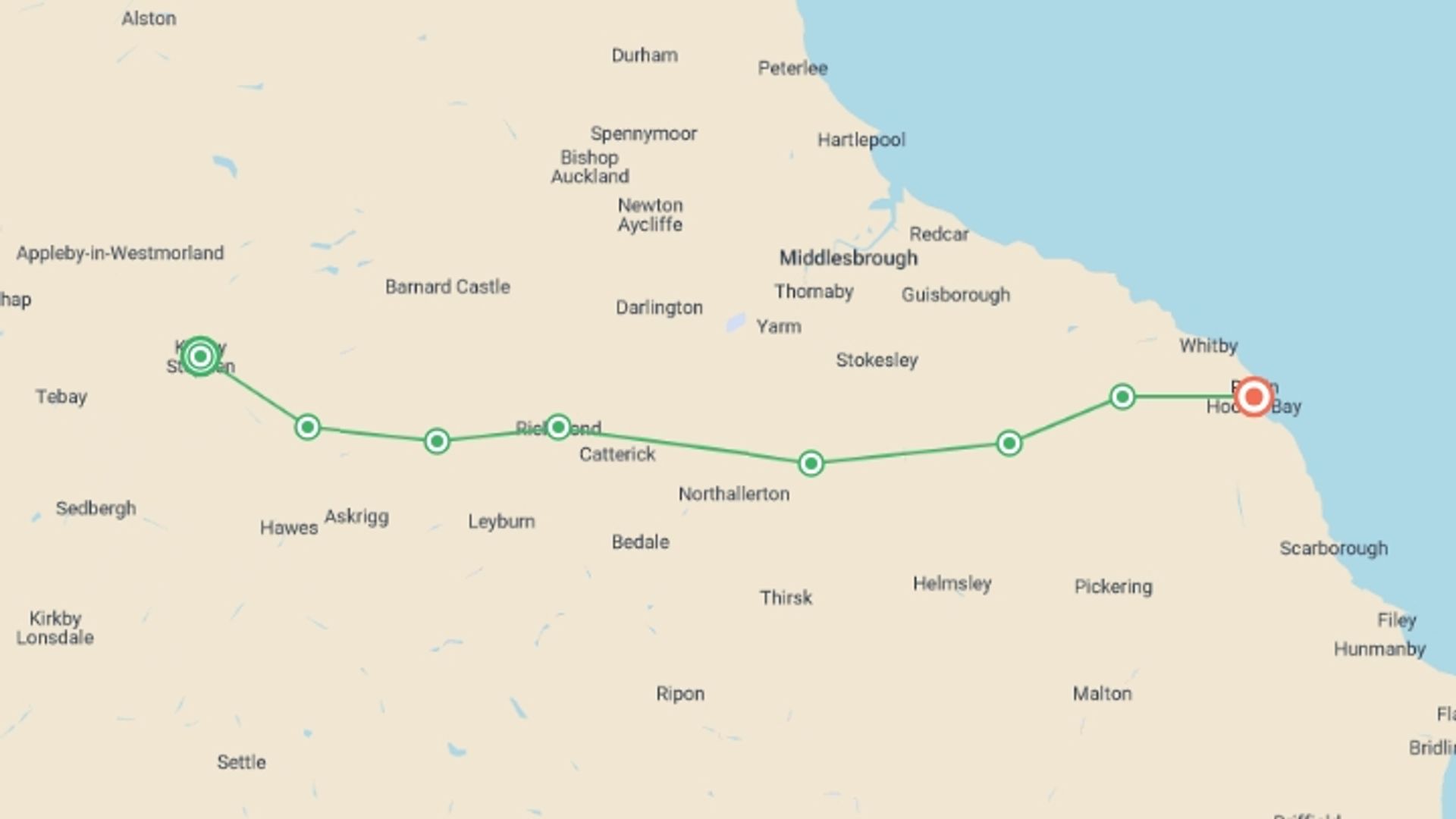 A map showing the tour itinerary for the trip: Coast to Coast: Walk Kirkby Stephen to Robin Hood's Bay, starting in Kirkby Stephen, England and ending in Robin Hoods Bay, England going through 6 other destinations.