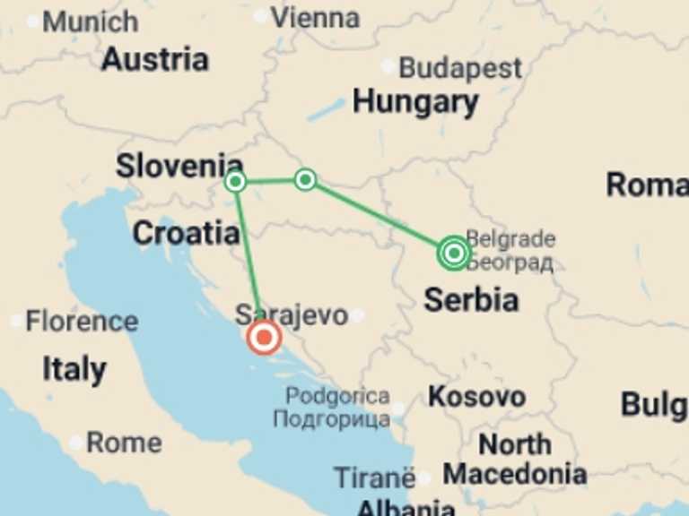 Map itinerary of Europe Tour in April 2026 with 4 destination visits for the trip: Danube to Dalmatia- 5 days