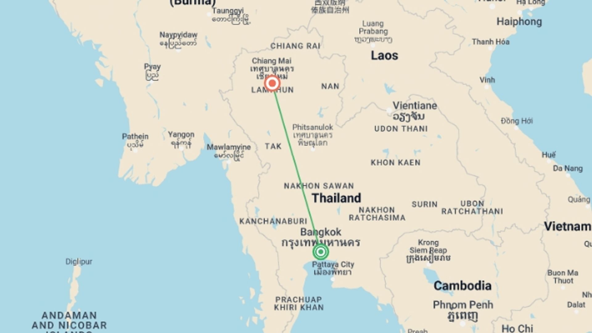 A map showing the tour itinerary for the trip: Thailand Luxury Wellness, Spa & Yoga Tour, starting in Bangkok, Thailand and ending in Chiang Mai, Thailand going through 0 other destinations.