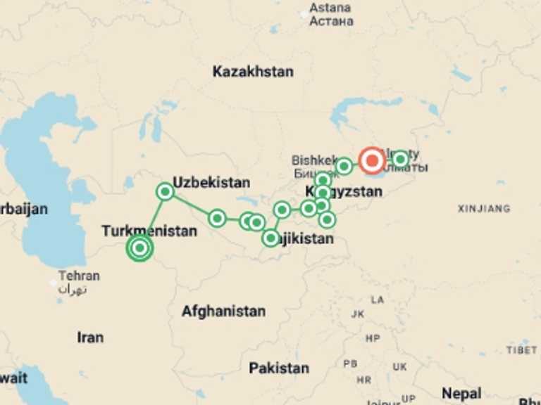 Map itinerary of Bishkek Tour in May 2026 with 15 destination visits for the trip: Ancient Silk Road Cities - The Five Stans