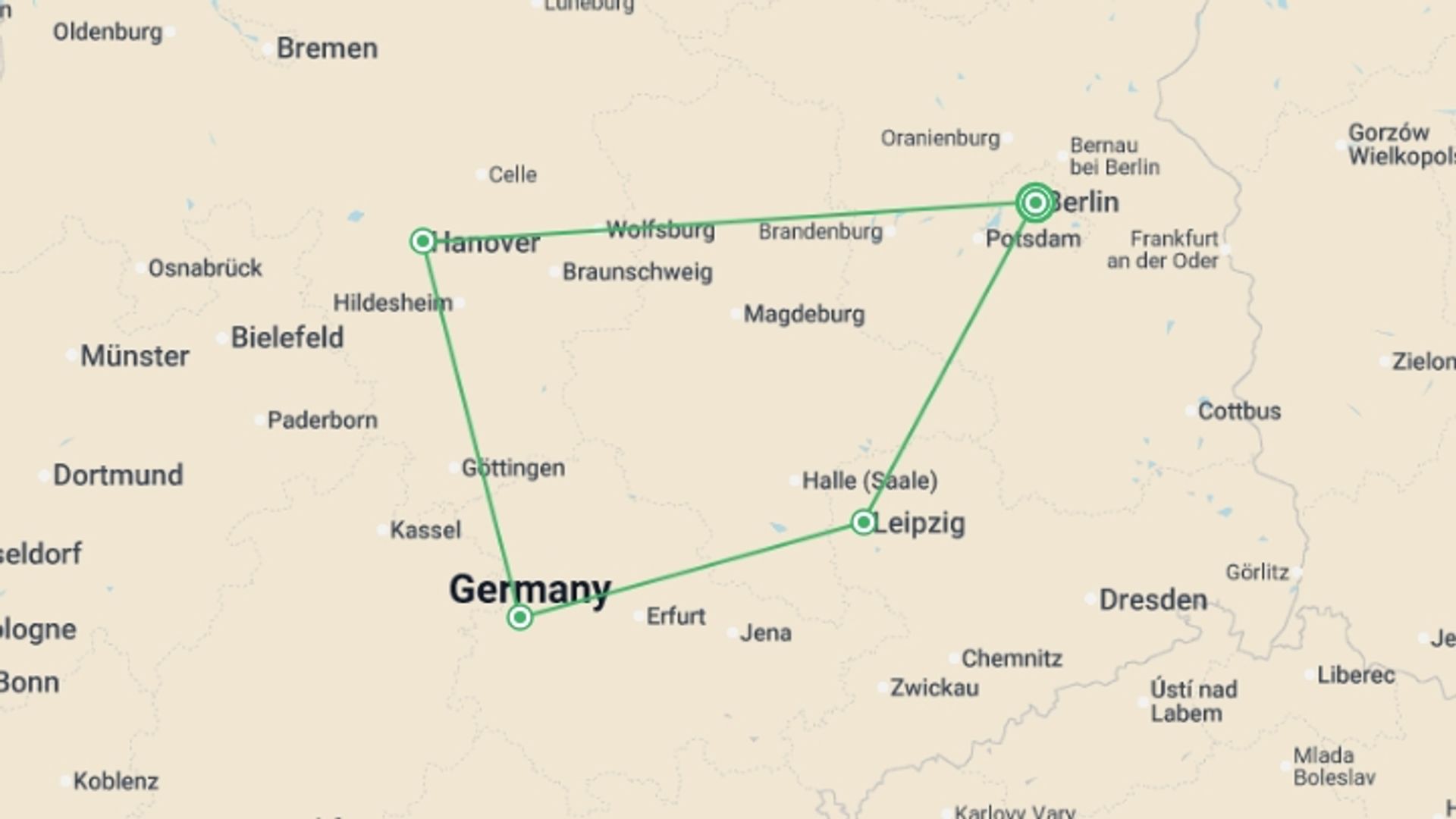 A map showing the tour itinerary for the trip: Adventure in the Heart of Germany with Berlin, starting in Berlin, Germany and ending in Berlin, Germany going through 3 other destinations.