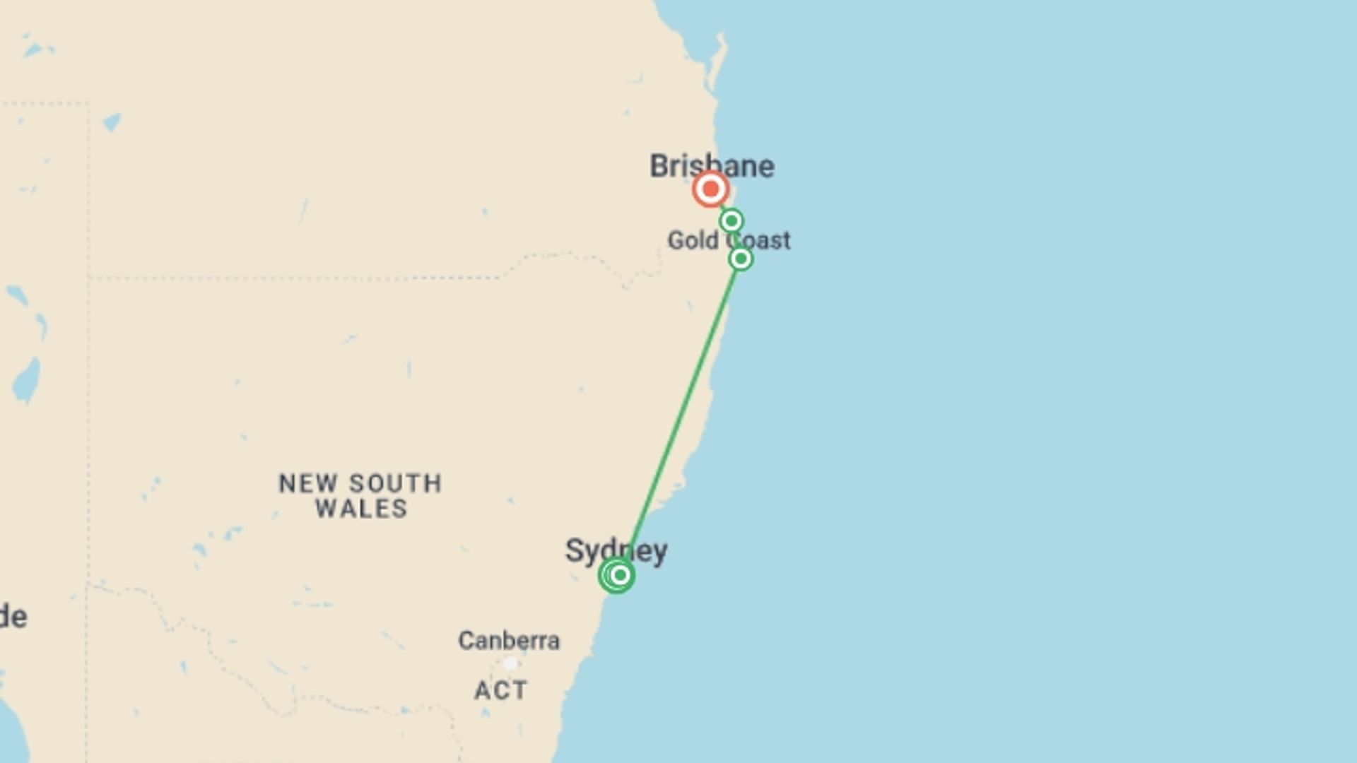 A map showing the tour itinerary for the trip: Oz Intro, starting in Sydney and NSW, Australia and ending in Brisbane, Australia going through 4 other destinations.