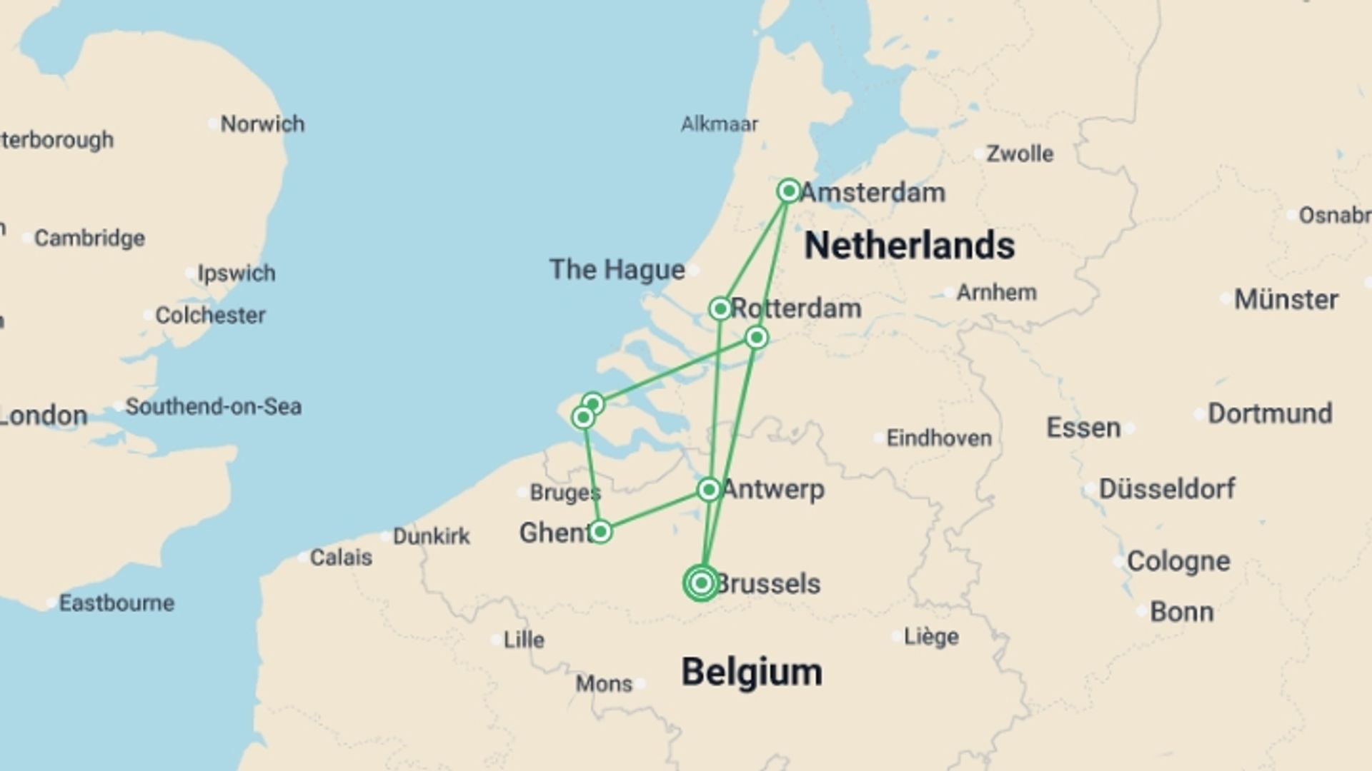 A map showing the tour itinerary for the trip: Northern European Culture and Charm: A Cruise between The Netherlands and Belgium. (port-to-port cruise), starting in Brussels, Belgium and ending in Brussels, Belgium going through 7 other destinations.