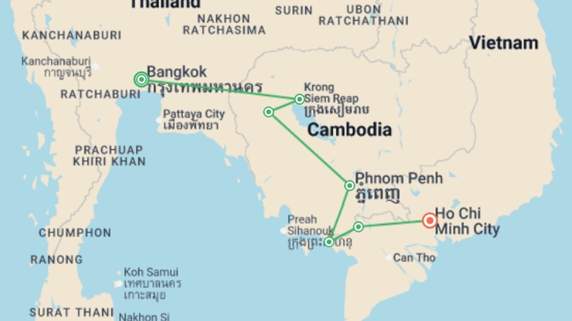 A map showing the tour itinerary for the trip: Bangkok to Saigon by Bike, starting in Bangkok, Thailand and ending in Ho Chi Minh City, Vietnam going through 5 other destinations.