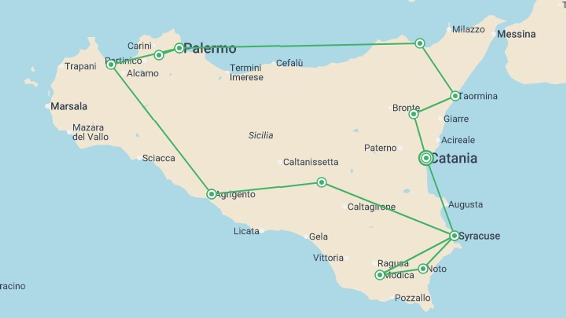 A map showing the tour itinerary for the trip: Best of Sicily - 8 days, starting in Catania, Italy and ending in Catania, Italy going through 4 other destinations.