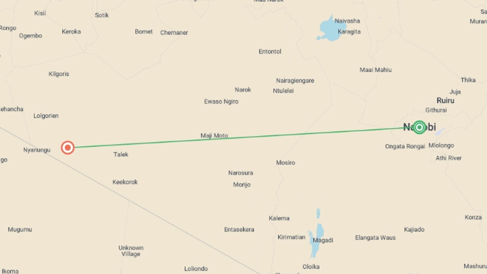 A map showing the tour itinerary for the trip: Essential Kenya Safari, starting in Nairobi, Kenya and ending in Maasai Mara National Reserve, Kenya going through 0 other destinations.