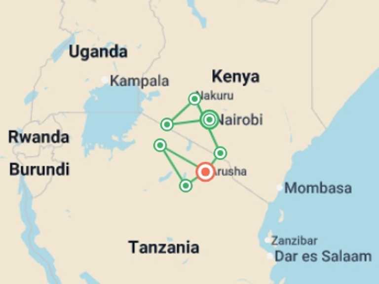 Map of Africa Tour with 7 destination visits for the trip: Kenya and Tanzania Safari