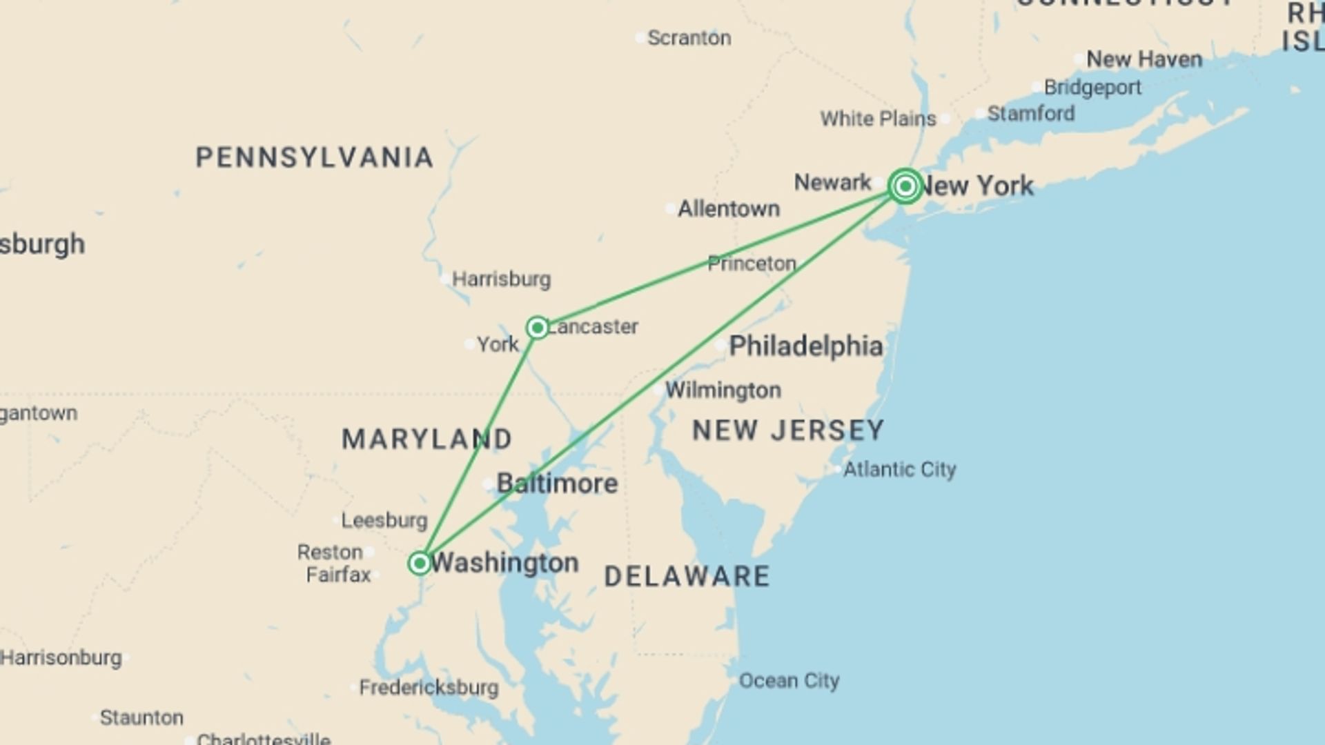 A map showing the tour itinerary for the trip: Special Washington end NY, starting in New York, USA and ending in New York, USA going through 1 other destinations.