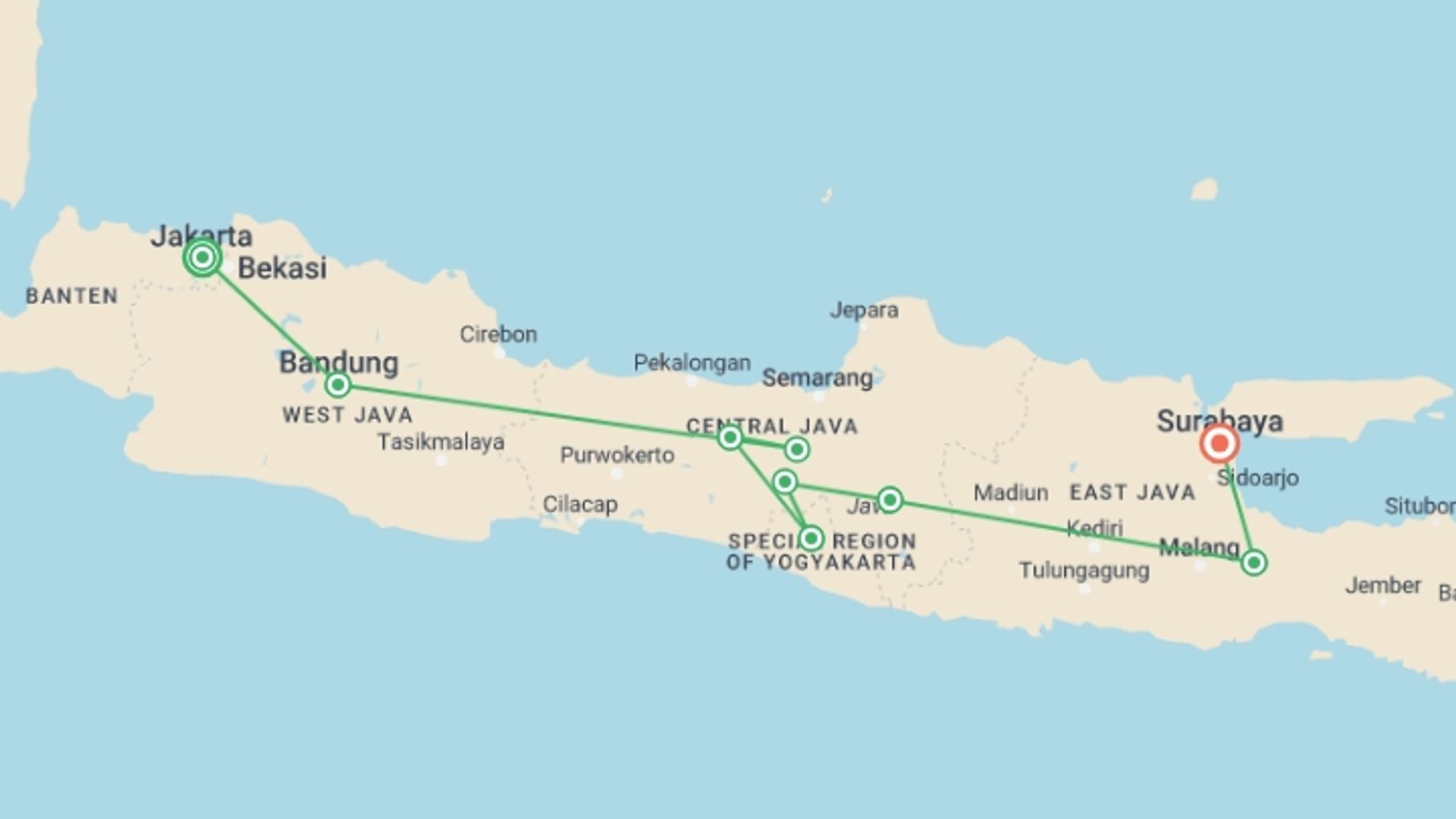 A map showing the tour itinerary for the trip: Indonesia: Absolute Java, starting in Jakarta, Indonesia and ending in Surabaya, Indonesia going through 8 other destinations.