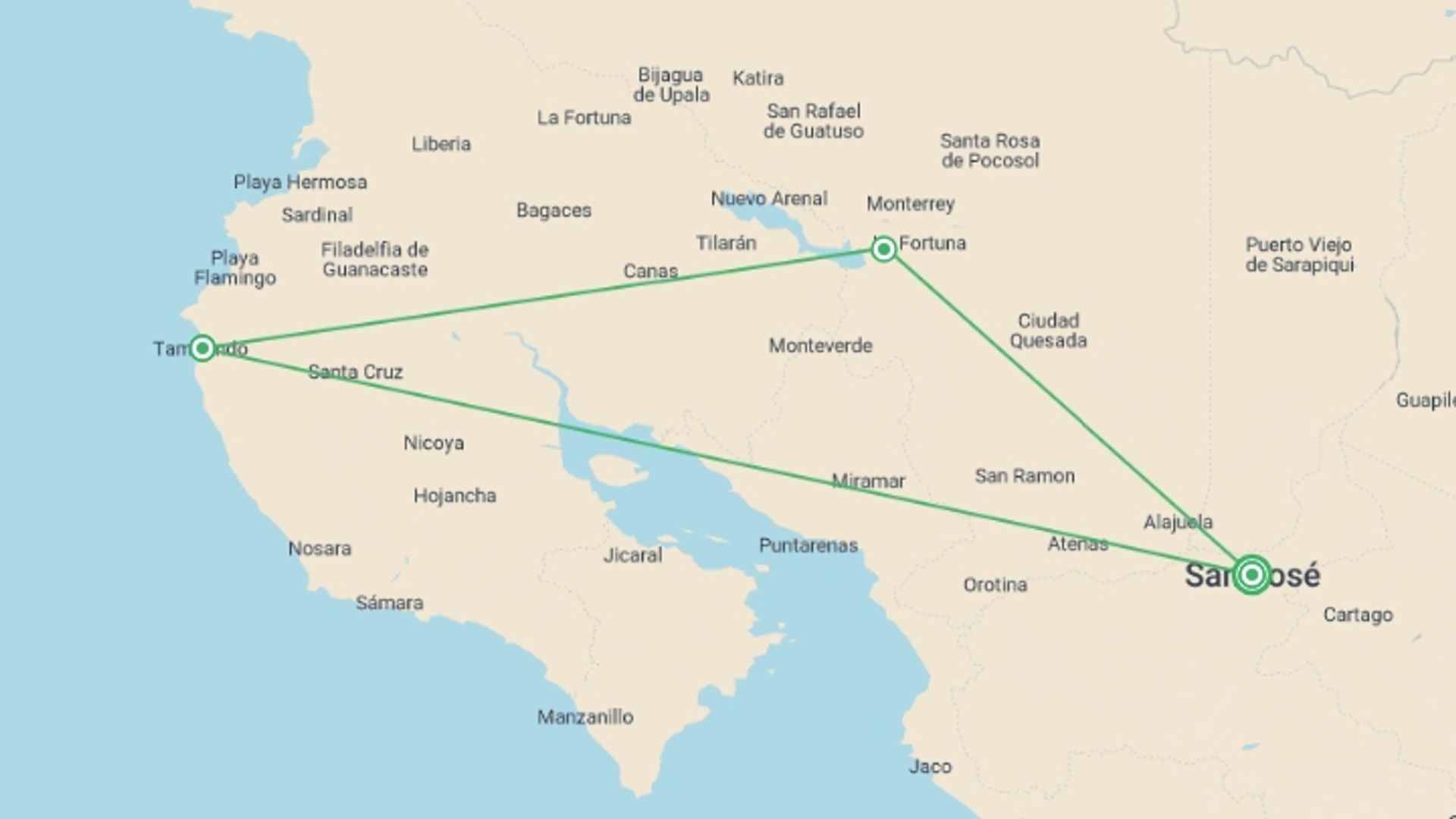 A map showing the tour itinerary for the trip: Fantasy On Beaches And Volcanoes, Self-drive, starting in San Jose, Costa Rica and ending in San Jose, Costa Rica going through 2 other destinations.