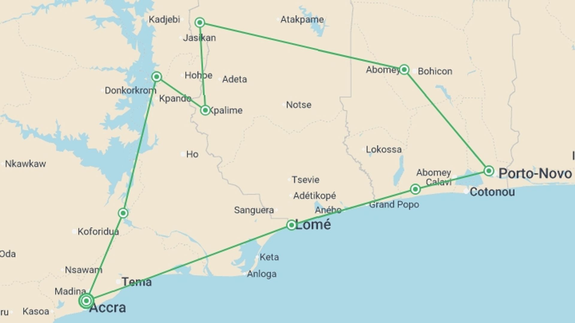 A map showing the tour itinerary for the trip: Highlights of Ghana, Togo and Benin, starting in Accra, Ghana and ending in Accra, Ghana going through 8 other destinations.