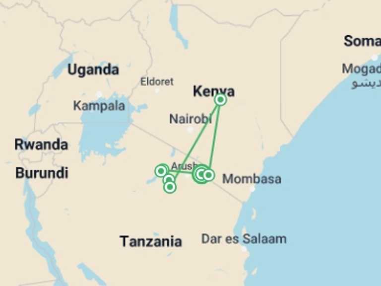 Map itinerary of Moshi Tour in February 2026 with 7 destination visits for the trip: Cycling Kilimanjaro to the Ngorongoro Crater