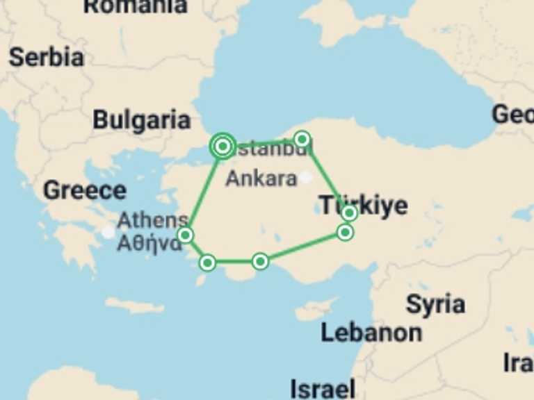 Map itinerary of Balkans Tour in January 2027 with 7 destination visits for the trip: Turkish Panorama