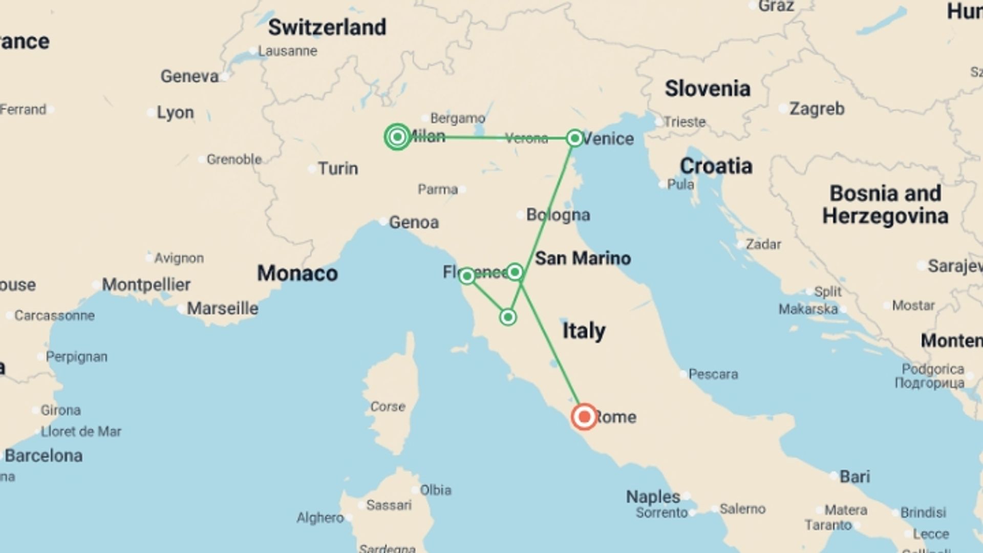 A map showing the tour itinerary for the trip: Italian Intermezzo, starting in Milan, Italy and ending in Rome, Italy going through 2 other destinations.