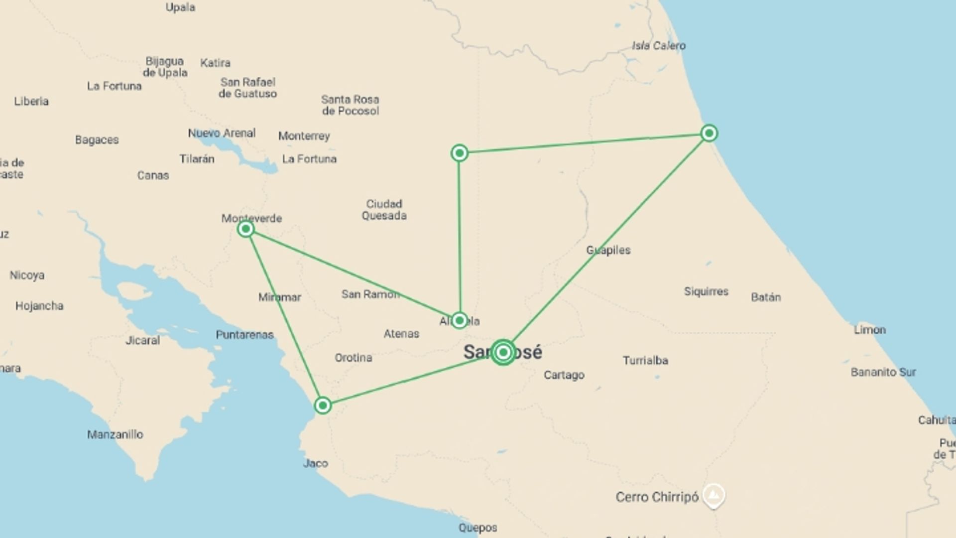 A map showing the tour itinerary for the trip: Costa Rica Explorer - 12 days, starting in San Jose, Costa Rica and ending in San Jose, Costa Rica going through 5 other destinations.