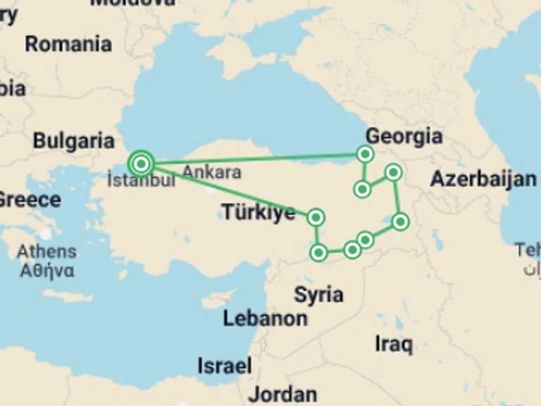 Map itinerary of Turkey Tour in September 2025 with 9 destination visits for the trip: Eastern Turkey Tour