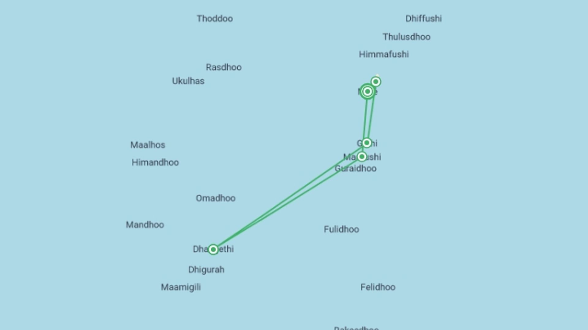 A map showing the tour itinerary for the trip: Maldives Whale Shark Conservation Cruise - 8 days, starting in Male, Maldives and ending in Male, Maldives going through 4 other destinations.