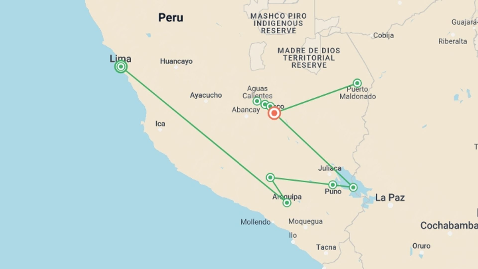 A map showing the tour itinerary for the trip: Best of Peru - Premium Adventure, starting in Lima, Peru and ending in Cusco, Peru going through 9 other destinations.
