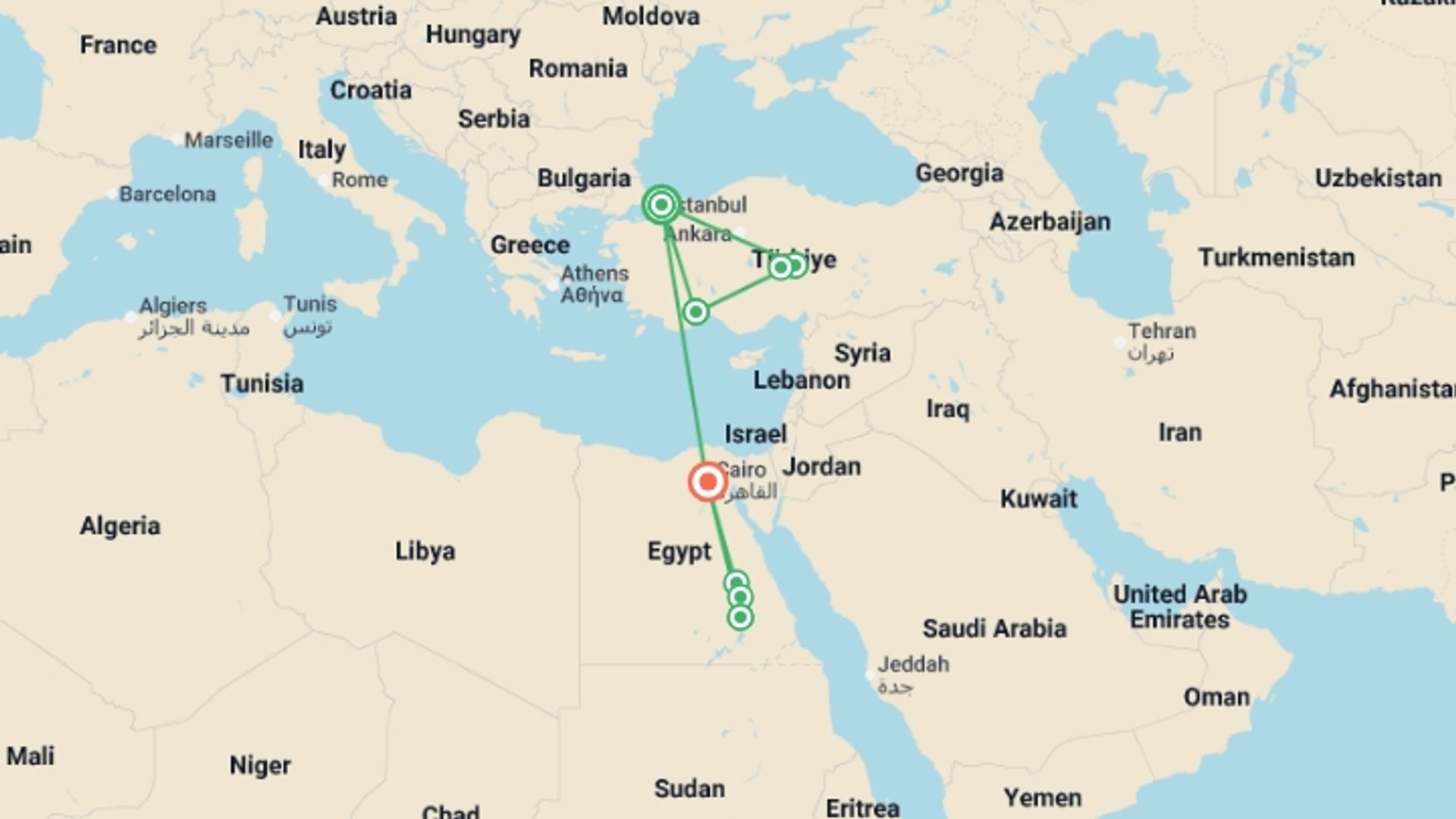 A map showing the tour itinerary for the trip: Magical Türkiye and Egypt, starting in Istanbul, Turkey and ending in Cairo, Egypt going through 5 other destinations.