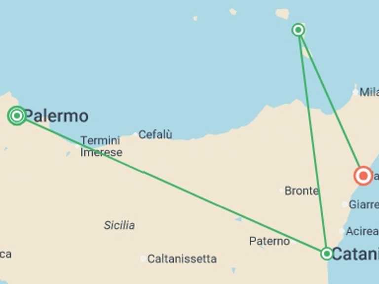 Map itinerary of Mediterranean Tour in September 2026 with 4 destination visits for the trip: Palermo, North Sicily & Aeolian Islands - 9 days