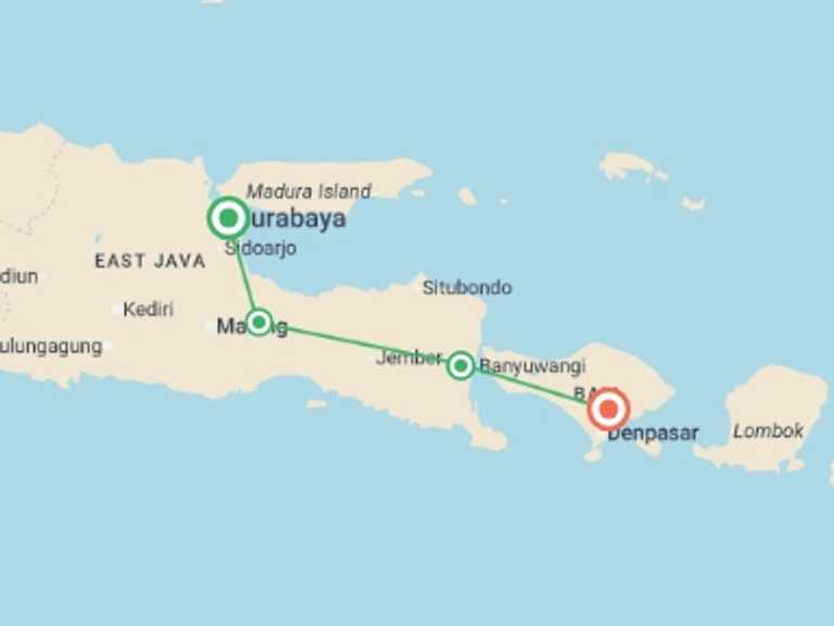 Map itinerary of Indonesia Tour in November 2025 with 4 destination visits for the trip: East Java & Bali Explorer - 6 days