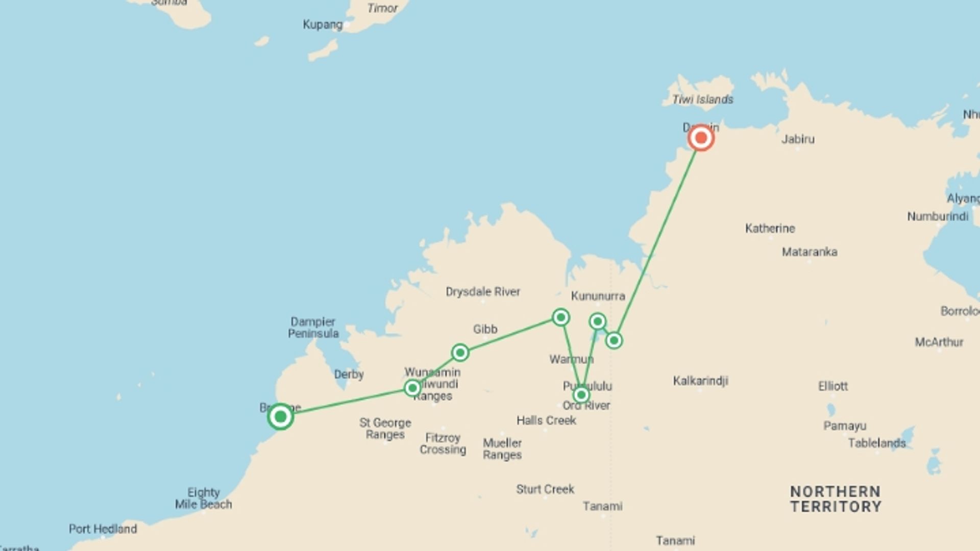 A map showing the tour itinerary for the trip: Broome to Darwin Outback, starting in Broome, Australia and ending in Darwin, Australia going through 6 other destinations.