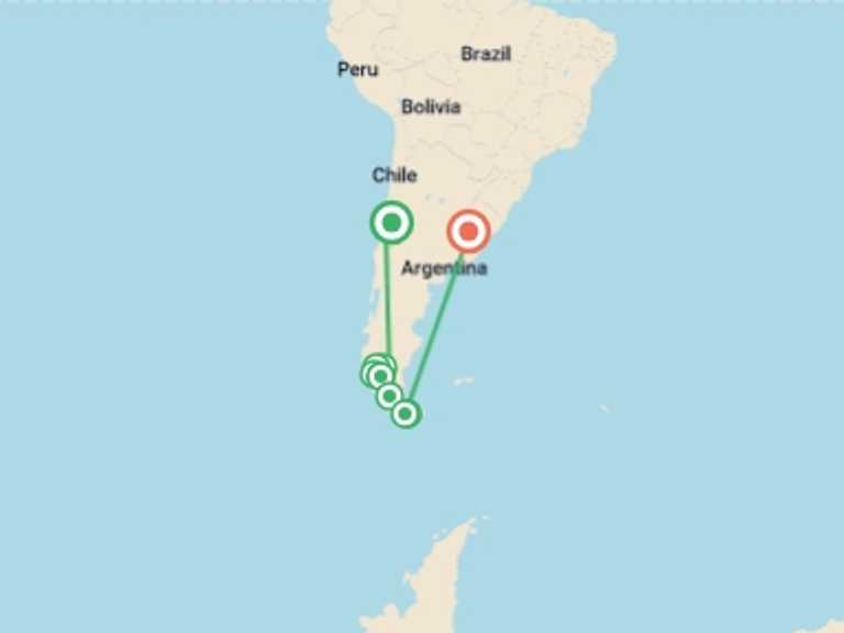 Map itinerary of South America Tour in February 2027 with 12 destination visits for the trip: Patagonia In Style - 14 days