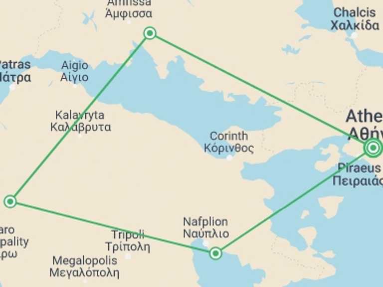 Map of 5-Day Athens Tour with 4 destination visits for the trip: Classical Greece, Self-drive