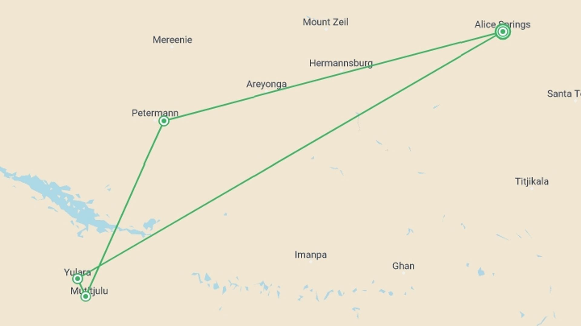 A map showing the tour itinerary for the trip: Uluru & Kings Canyon Adventure, starting in Alice Springs, Australia and ending in Alice Springs, Australia going through 2 other destinations.