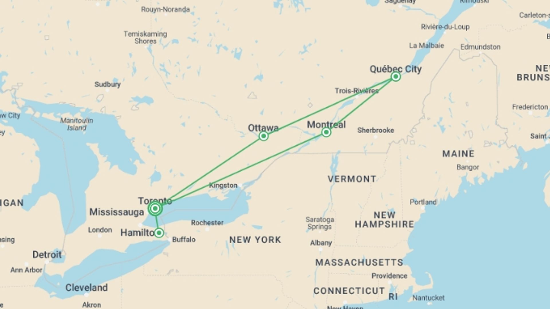 A map showing the tour itinerary for the trip: Eastern Journey, starting in Toronto, Canada and ending in Toronto, Canada going through 4 other destinations.