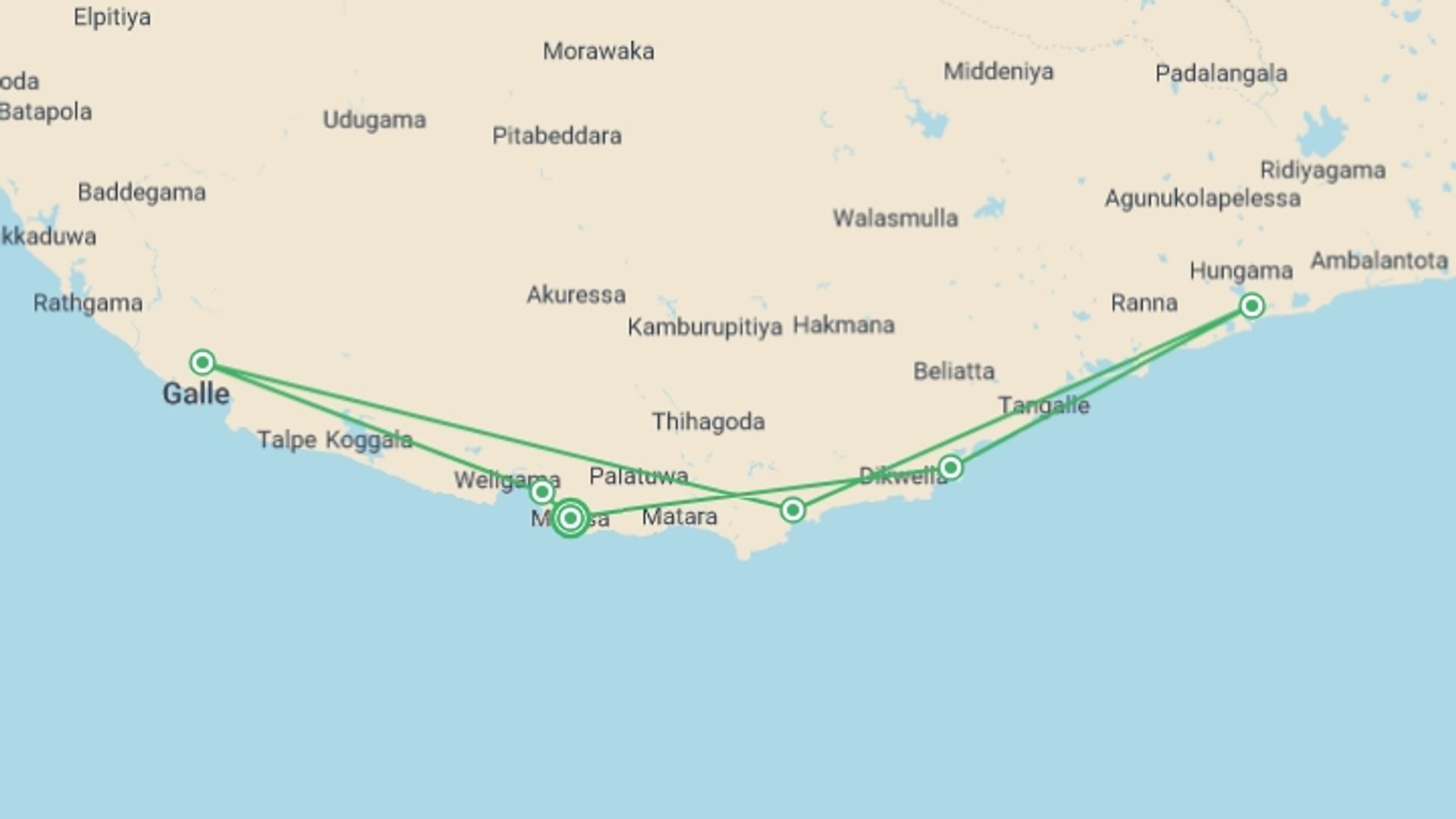 A map showing the tour itinerary for the trip: Sailing Sri Lanka - South Coast, starting in Mirissa, Sri Lanka and ending in Mirissa, Sri Lanka going through 5 other destinations.