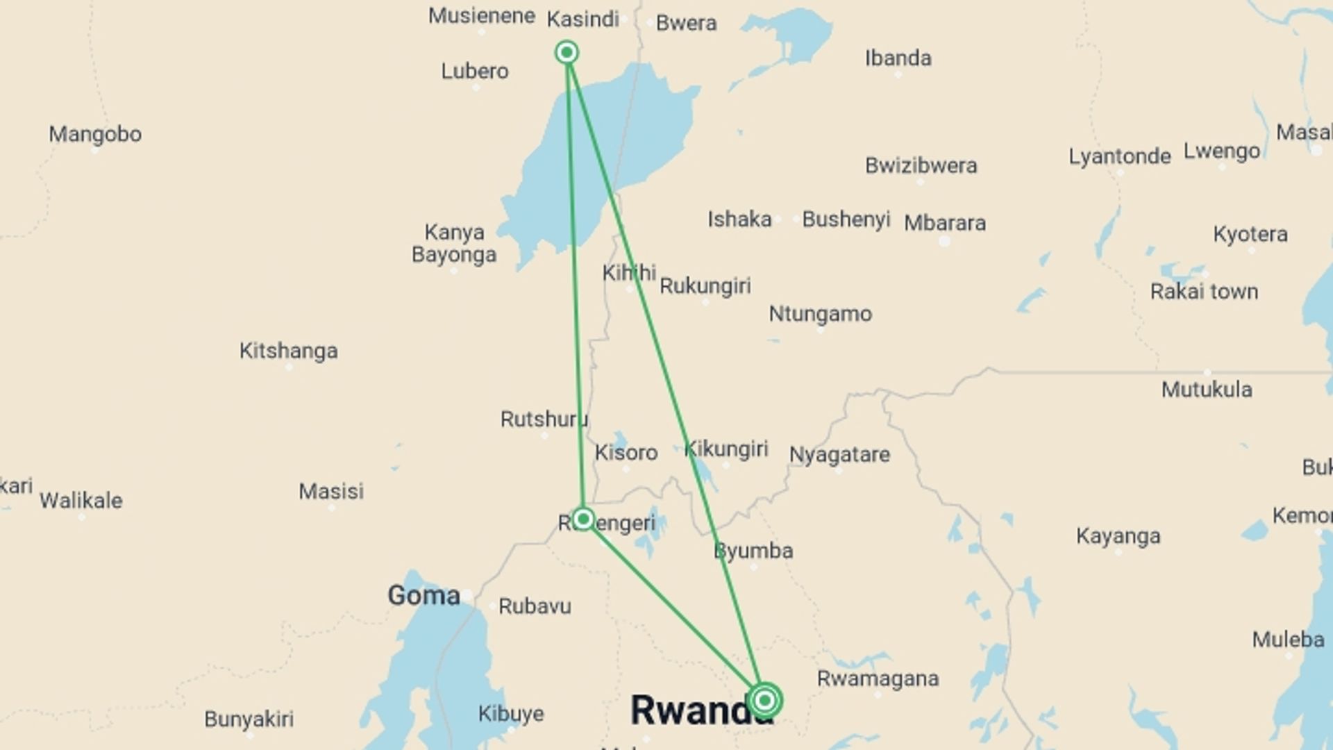 A map showing the tour itinerary for the trip: Gorillas Through The Mist - Amakoro Songa Lodge (on Request), starting in Ruhengeri, Rwanda and ending in Ruhengeri, Rwanda going through 2 other destinations.
