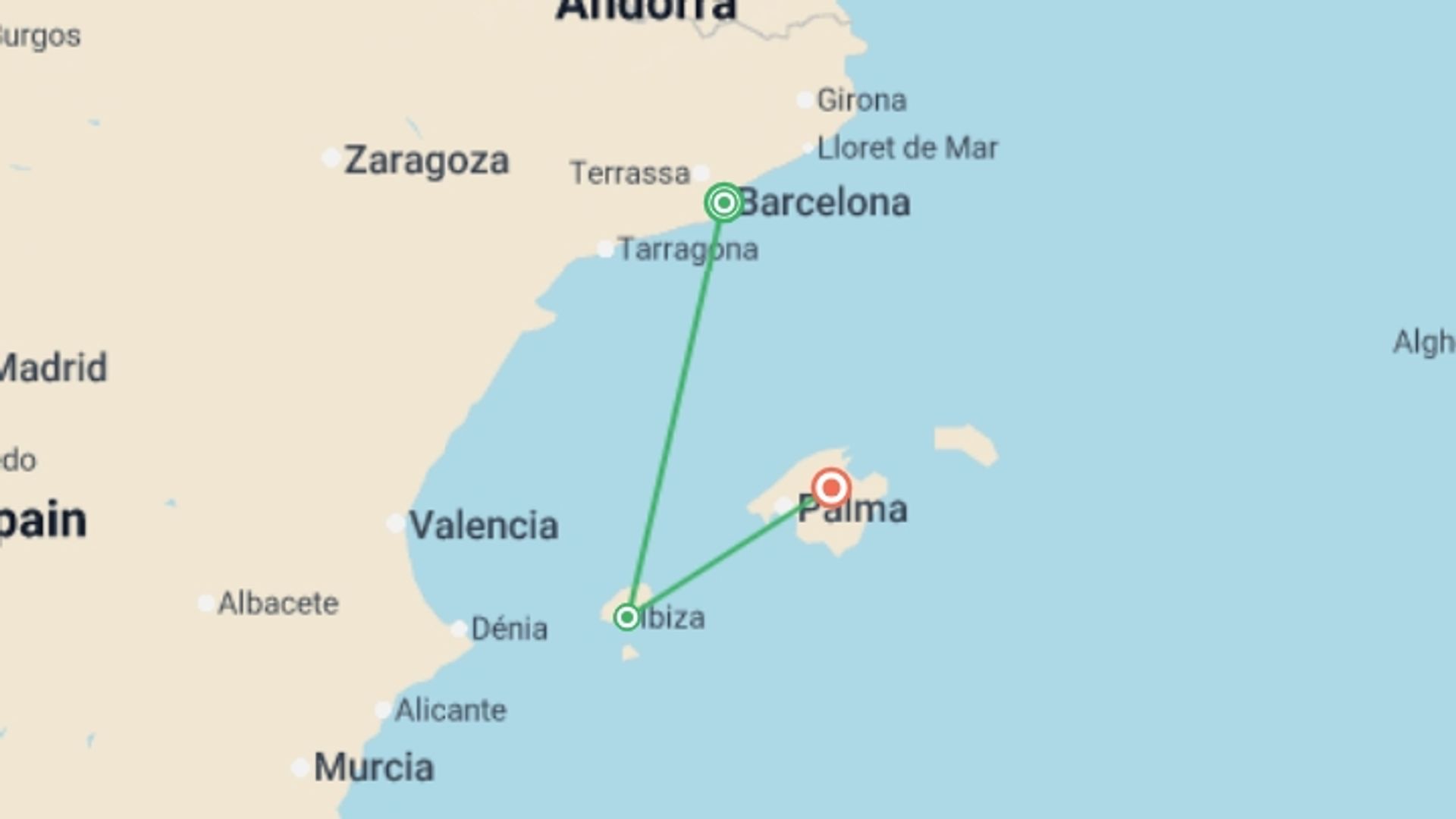 A map showing the tour itinerary for the trip: Barcelona, Ibiza and Mallorca, starting in Barcelona, Spain and ending in Majorca, Spain going through 2 other destinations.