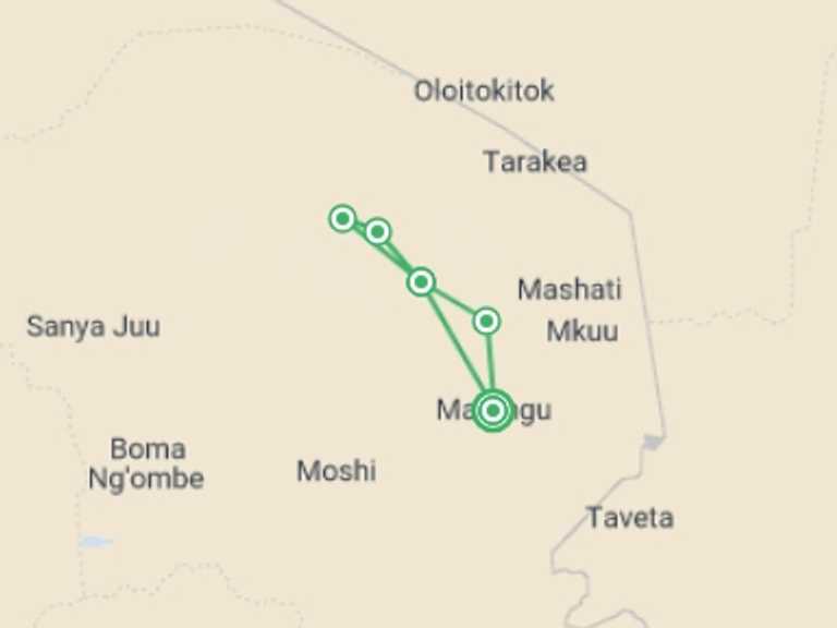 Map itinerary of Kilimanjaro Marangu Route Tour in Winter with 5 destination visits for the trip: Kilimanjaro: Marangu Route