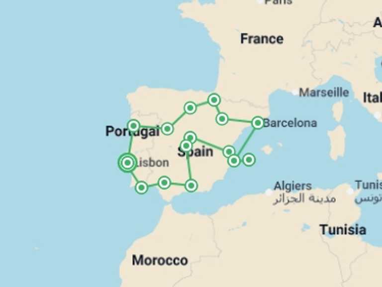 Map itinerary of Spain Tour in Spring with 11 destination visits for the trip: Spain & Portugal Loop from Lisbon
