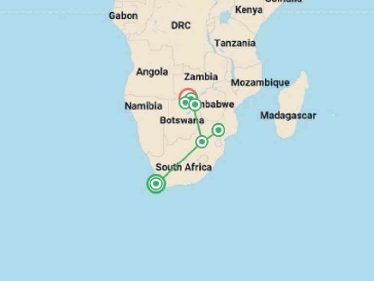 Map of Africa Tour with 7 destination visits for the trip: Best of Africa's Wildlife: Cape Town, Kruger, Hwange, & Chobe