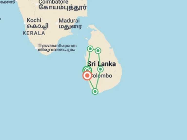 Map itinerary of South Asia Tour in January 2026 with 6 destination visits for the trip: Highlights of Sri Lanka