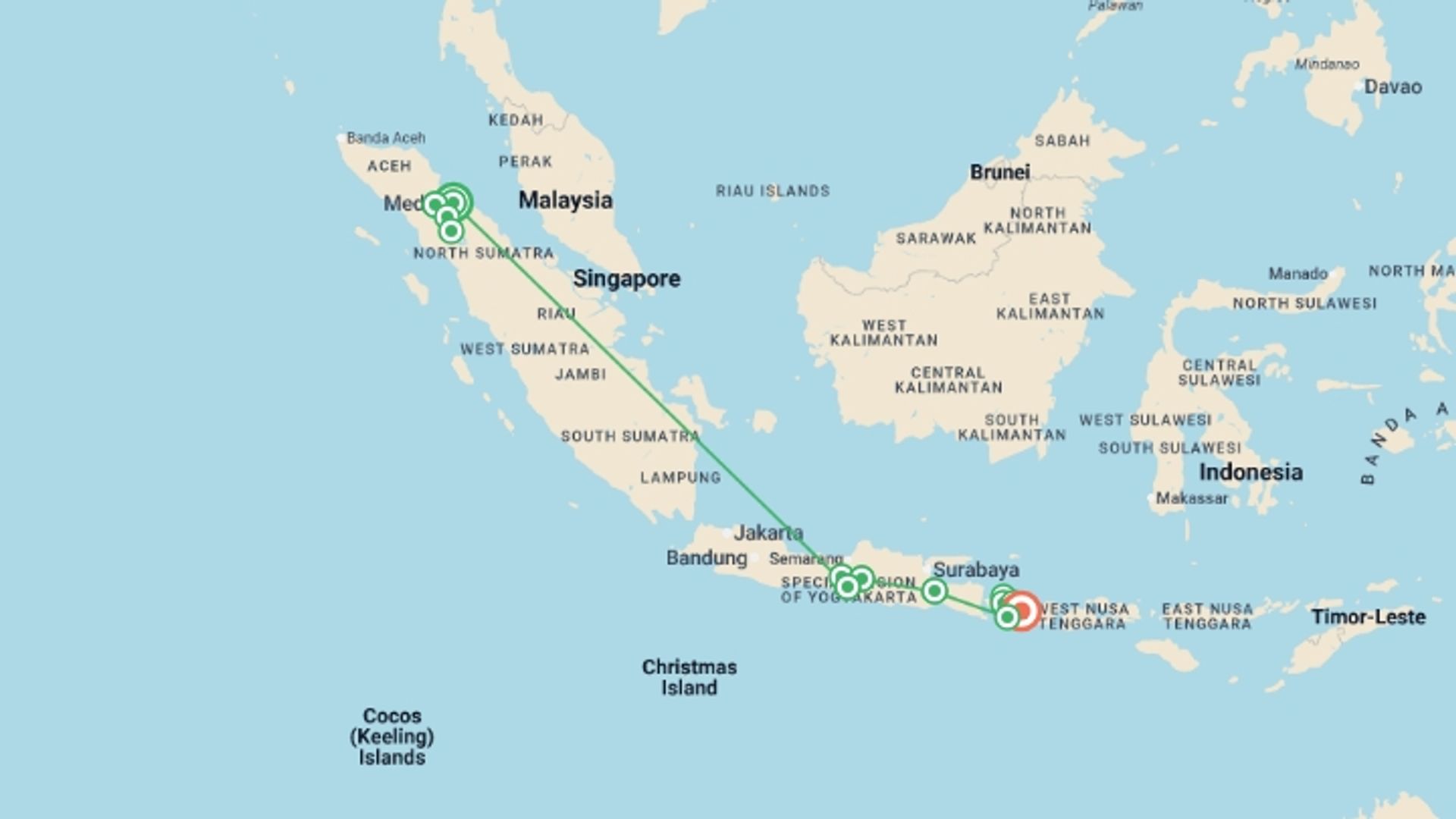 A map showing the tour itinerary for the trip: Indonesia: Sumatra, Java & Bali, starting in Medan, Indonesia and ending in Candidasa, Indonesia going through 13 other destinations.