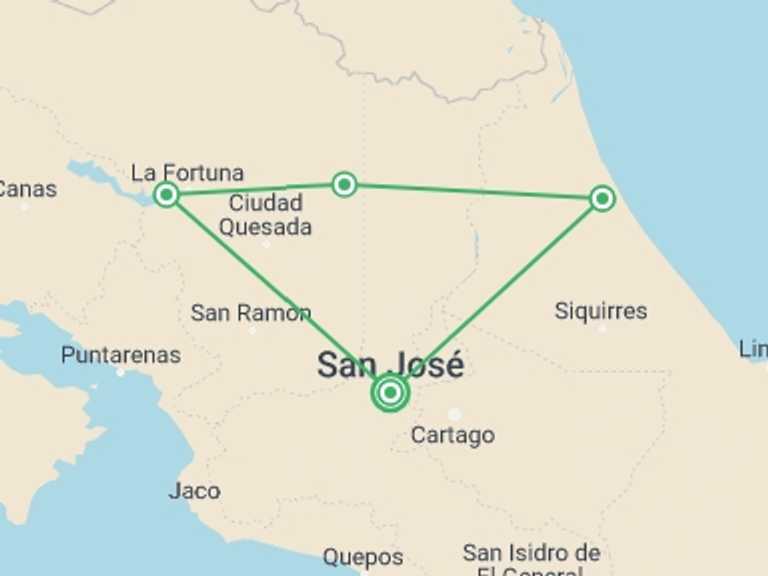 Map of 7-Day San Jose Tour with 4 destination visits for the trip: Tropical Costa Rica, 7 Days