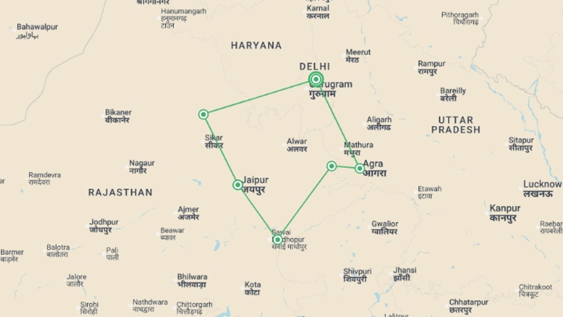A map showing the tour itinerary for the trip: Highlights Of Northern India, German-speaking Guide, starting in New Delhi, India and ending in New Delhi, India going through 5 other destinations.