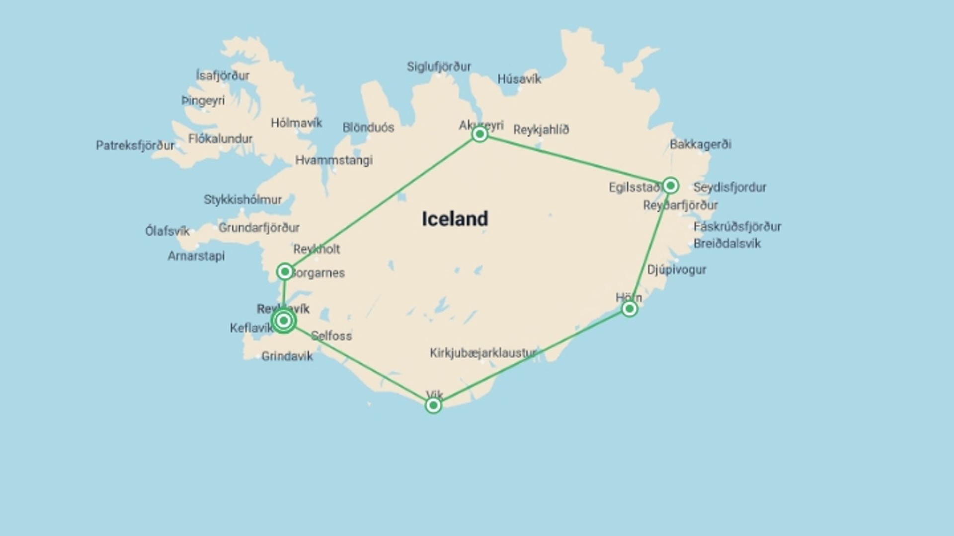 A map showing the tour itinerary for the trip: Natural Wonders of Iceland, starting in Reykjavik, Iceland and ending in Reykjavik, Iceland going through 0 other destinations.