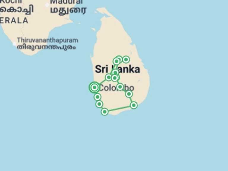 Map of Asia Tour with 6 destination visits for the trip: Essence Of Sri Lanka - 9 Days Of Culture, Nature & Wildlife, Private Tour