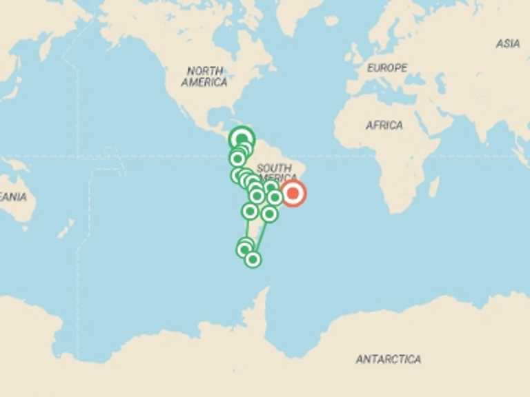 Map of a Overland Journeys Tour with 20 destination visits for the trip: Cartagena To Rio (19 Weeks) Kingdoms & Carnivals
