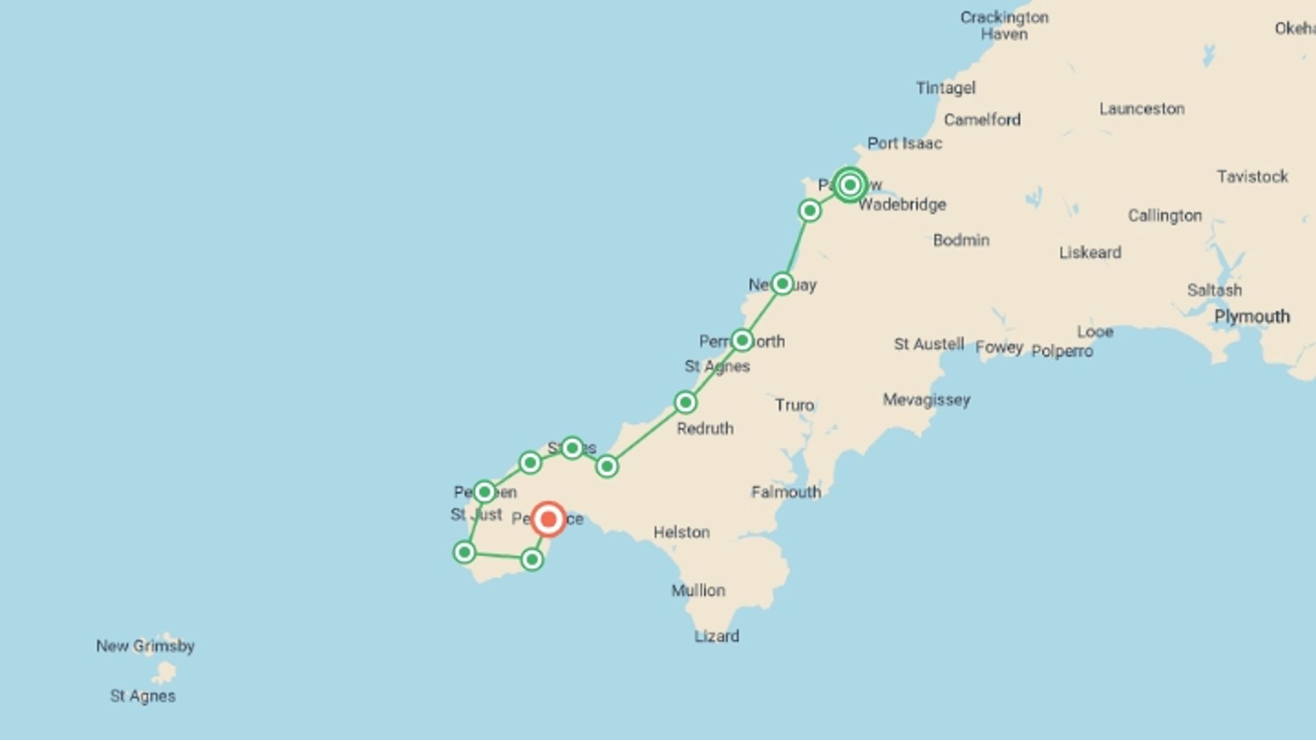 A map showing the tour itinerary for the trip: South West Coast Path: Padstow to Penzance - 13 Days, starting in Padstow, England and ending in Penzance, England going through 10 other destinations.
