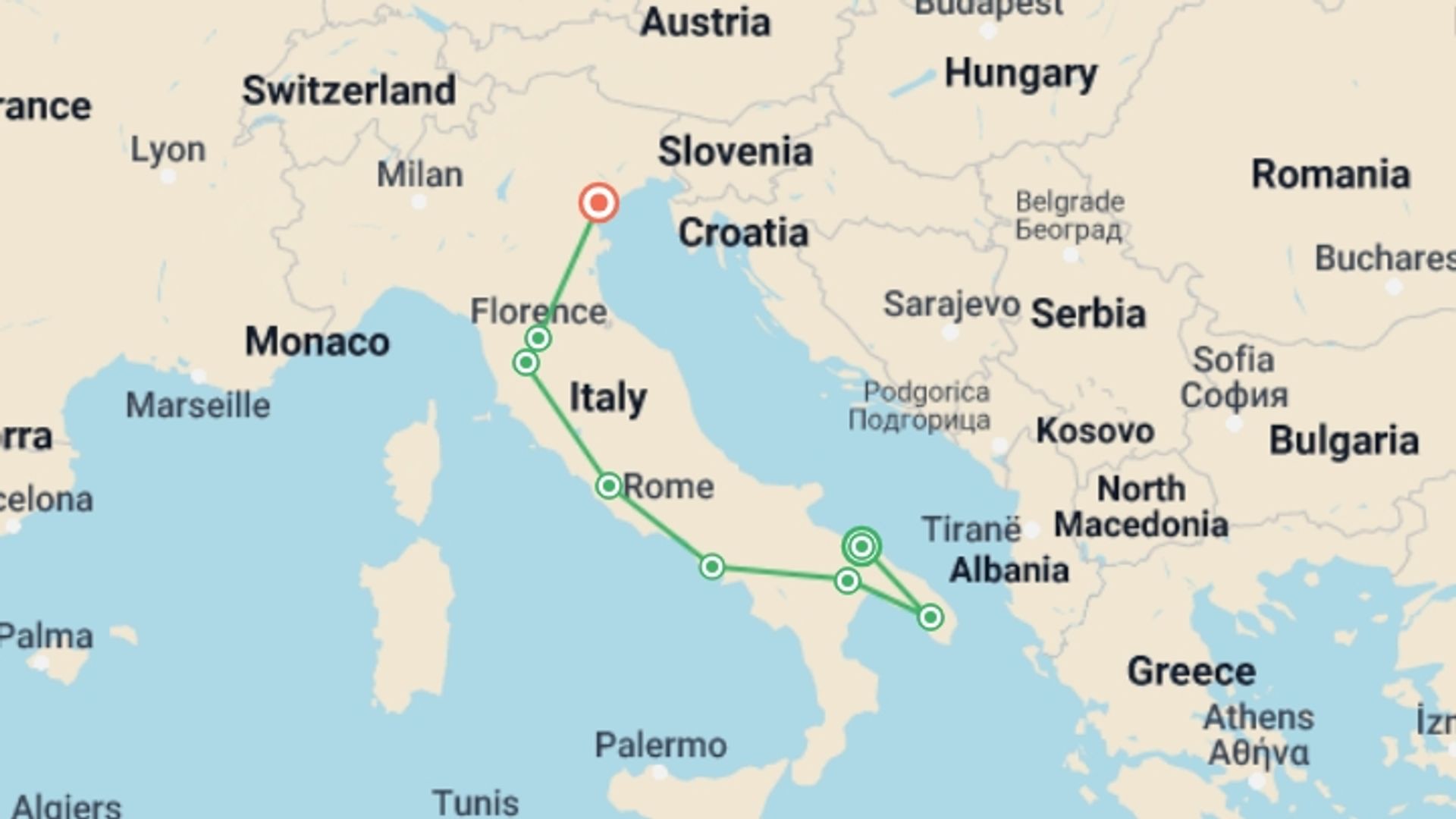 A map showing the tour itinerary for the trip: Premium Italy in Depth, starting in Bari, Italy and ending in Venice, Italy going through 7 other destinations.